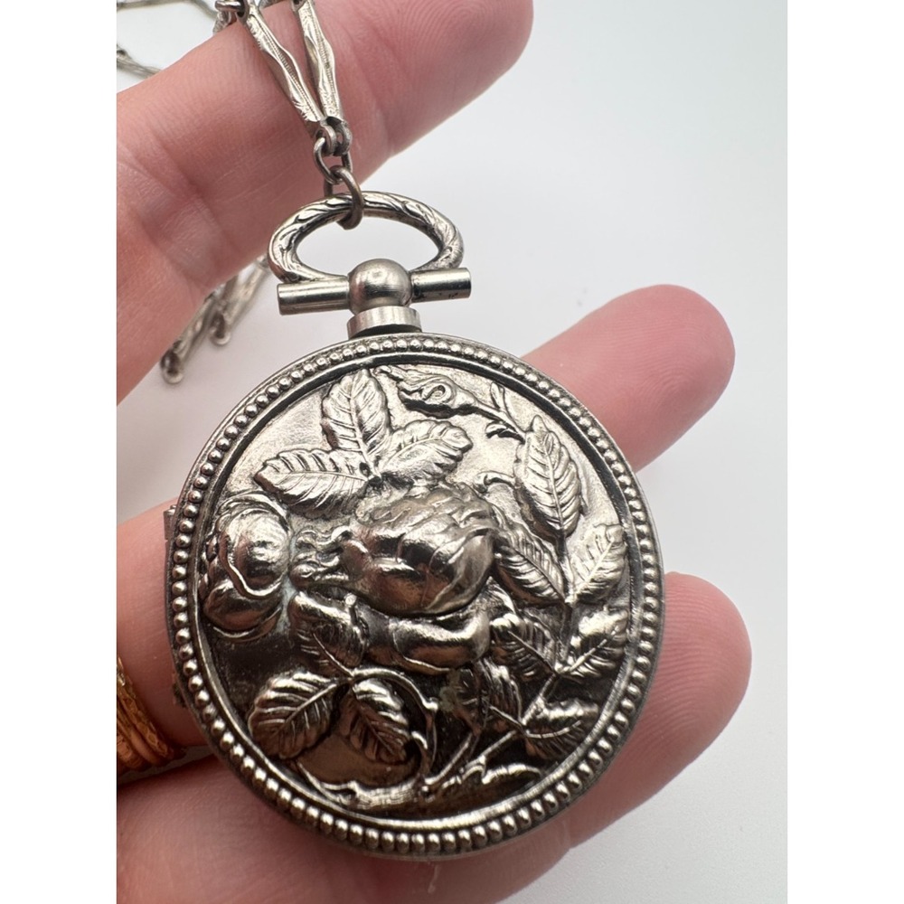 Vintage Pocket Watch Necklace Rose Locket Silver Tone Repousse Floral 32 in